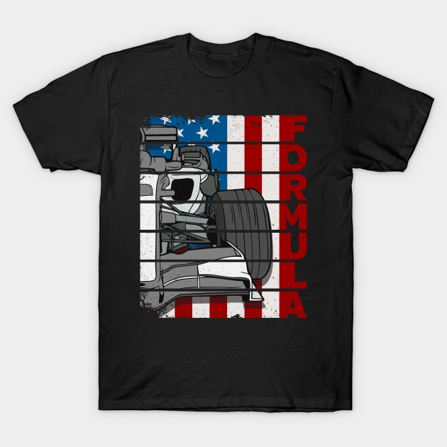 Formula One Race Car American Flag T-Shirt by RadStar